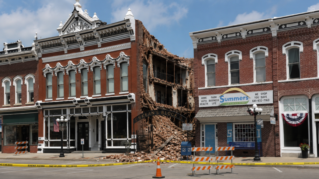 A historic red-brick building in downtown Albia with one side partially collapsed, exposing interior floors and wooden framing behind caution tape and barricades.