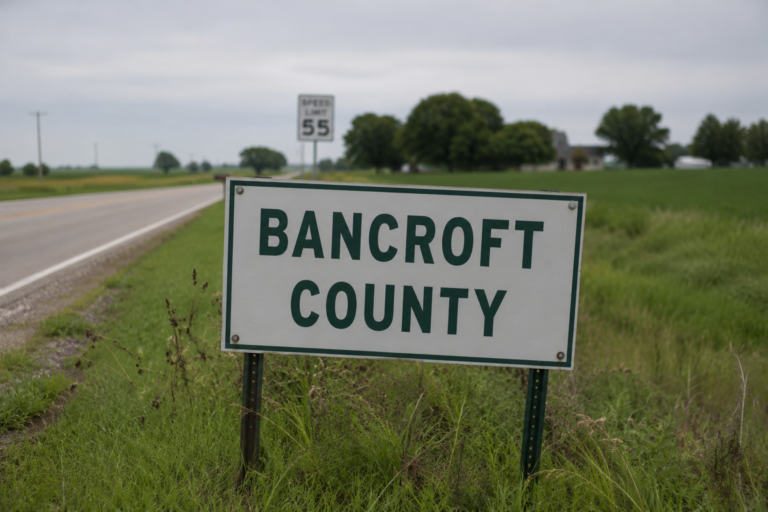 A white roadside sign reading "Bancroft County" stands beside a rural Iowa highway with farmland and an overcast sky in the background.