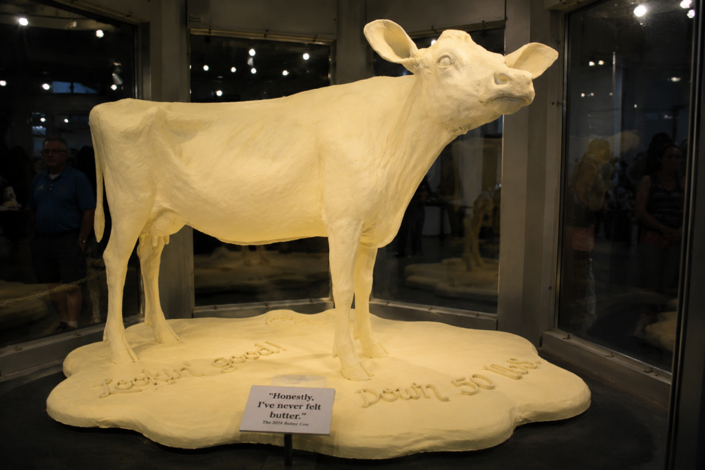 The Iowa State Fair Butter Cow sculpture stands inside its glass display case, appearing noticeably slimmer as part of a satirical story about losing weight on a GLP-1 medication.