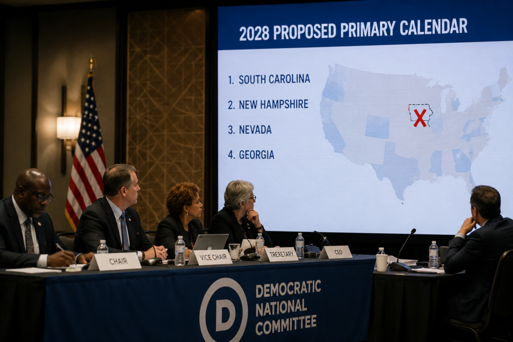 A satirical image depicts Democratic National Committee members seated at a conference table watching a presentation that removes Iowa from the presidential primary calendar.