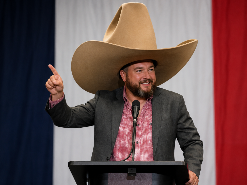 Derek Wulf speaking at a podium while wearing an absurdly oversized cowboy hat.
