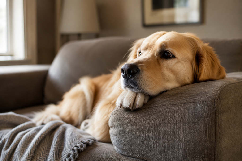 A golden retriever rests on a family sofa, gazing thoughtfully toward a nearby window.