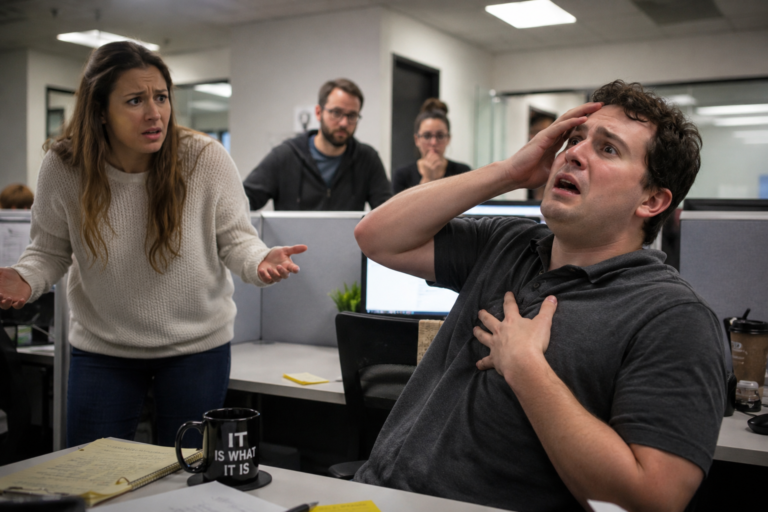 A distressed man sits at an office desk with one hand on his chest and the other on his forehead while a concerned female coworker looks on.