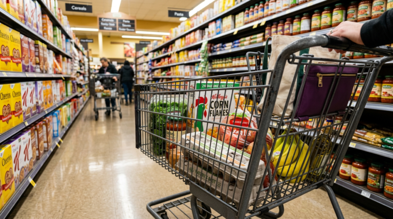 Shopping cart with groceries including bananas, eggs, corn flakes in supermarket aisle