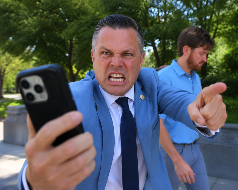An angry Zach Nunn leans toward the camera while holding a smartphone and pointing forcefully, with another man walking behind him outdoors.