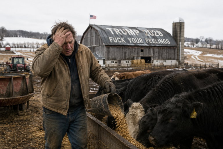 A frustrated cattle farmer feeds cows on an Iowa farm with a barn displaying a large “Trump 2028 — Fuck Your Feelings” banner in the background.
