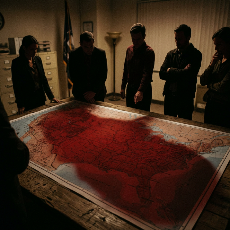 Five people examining a large red-shaded regional map around a table